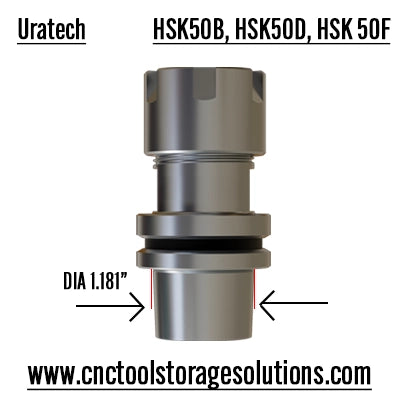 HSK50B - HSK50D - HSK50F Holder dimension details from Uratech - CNC Tool storage products