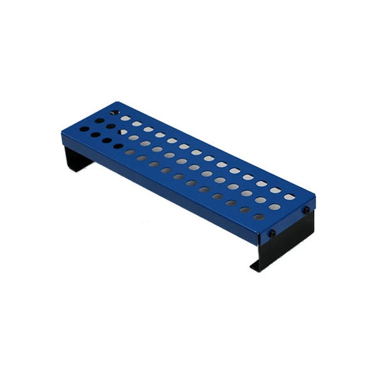 Steel ER16 collet rack holding 16-series CNC collets on workshop bench 